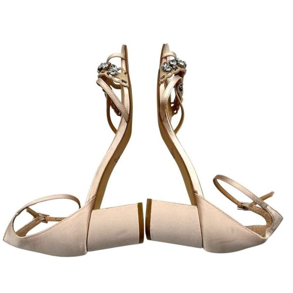 Jewel Badgley Mischka Champagne Satin Crystal Embellished Block Heels Size 8.5 - Picture 11 of 15